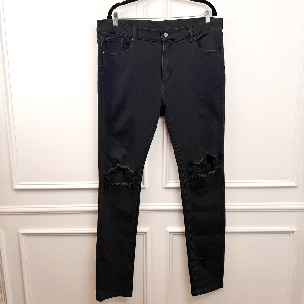 Mnml Mens Black Distressed Knee Skinny Fit Denim Jeans Streetwear 38 x 34